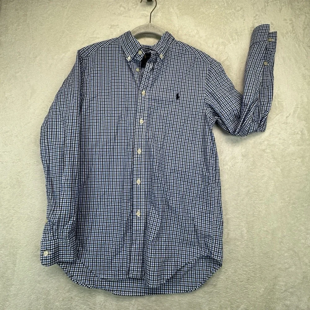 Ralph Lauren Button Up Shirt Boys L 14-16‎ Blue Gingham Pony Logo Preppy